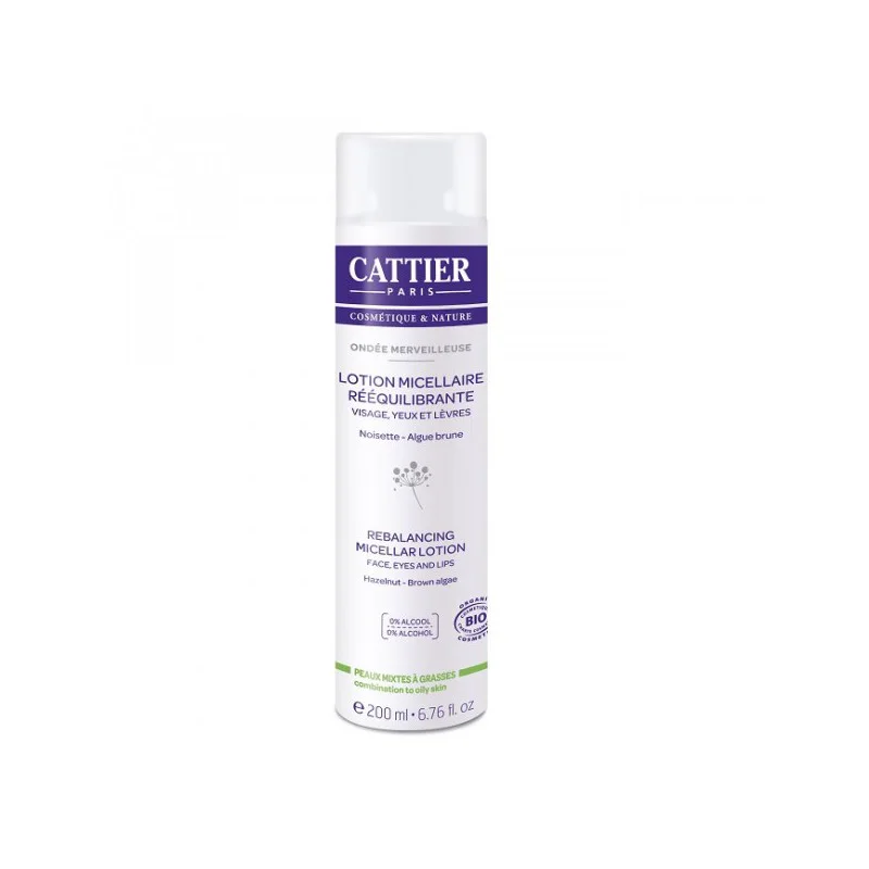 CATTIER LOTION MICELLAIRE RÉÉQUILIBRANTE BIO – VISAGE, YEUX ET LÈVRES ONDEÉE MERVEILLEUSE – 200 ML